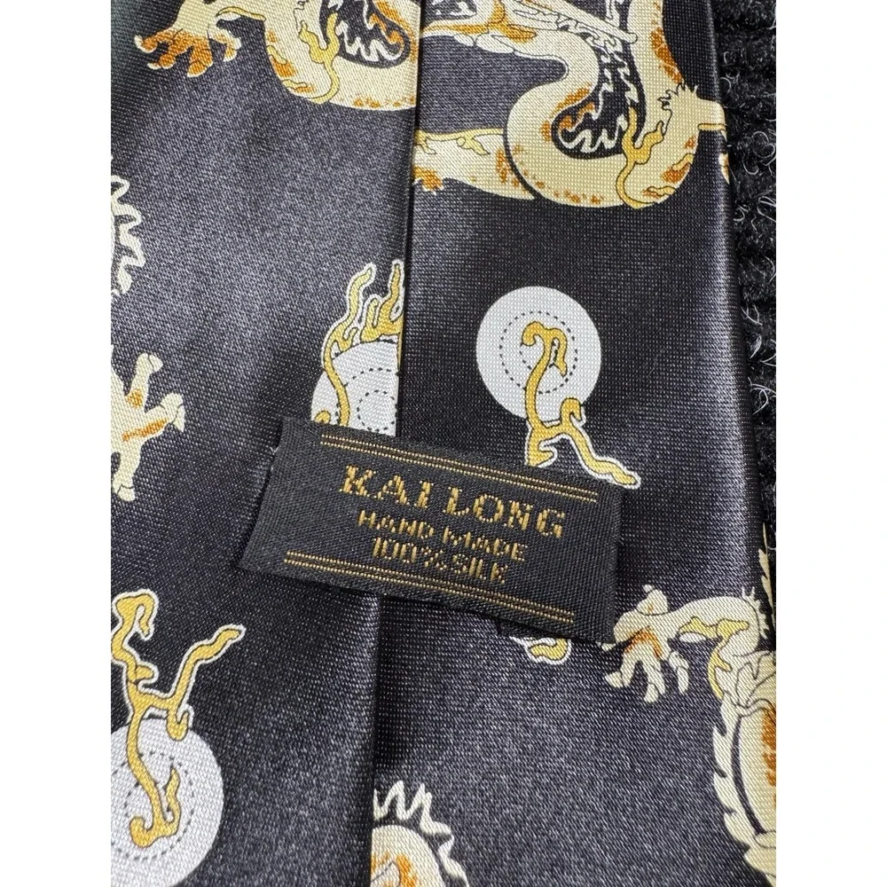 Kai Long Mens Silk Tie Black Gold Chinese Dragon 100% Silk Handmade